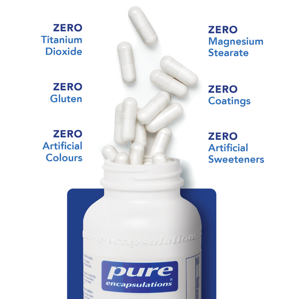 Pure Encapsulations supplement bottle with pills coming out of the bottle. 