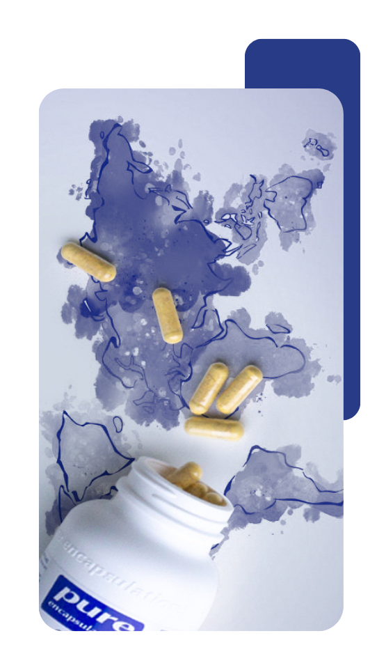 A Pure Encapsulations pill bottle open with pills coming out. Placed on top of a picture of a map of the world.