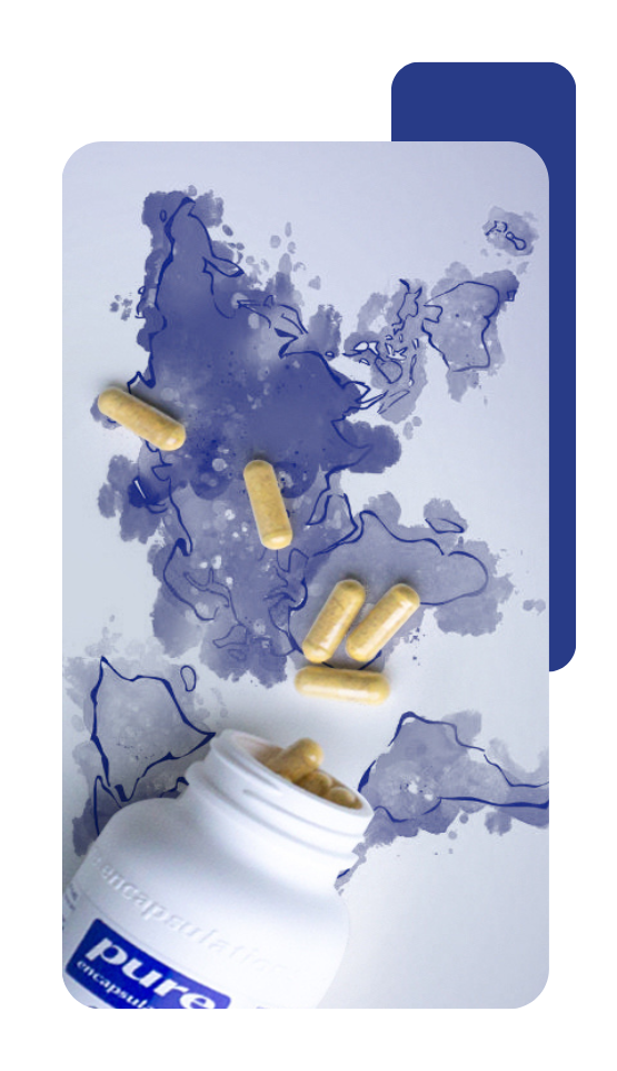 Pure Encapsulations supplements next to a map A Pure Encapsulations pill bottle open with pills coming out. Placed on top of a picture of a map of the world.