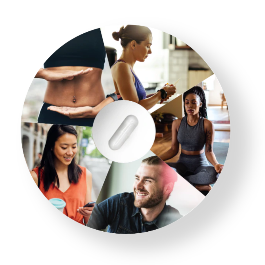 exclusives-banner Five active individuals enjoying the day surrounded by a supplement vitamin.