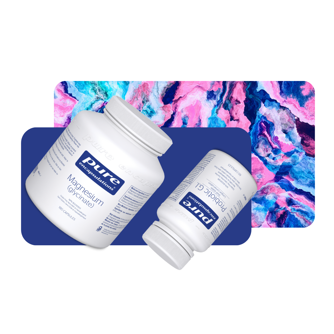 pure-encapsulations-products-shot Glycinate de magnésium Pure Encapsulations et probiotique G.I. Pure Encapsulations. bouteilles sur un fond coloré.