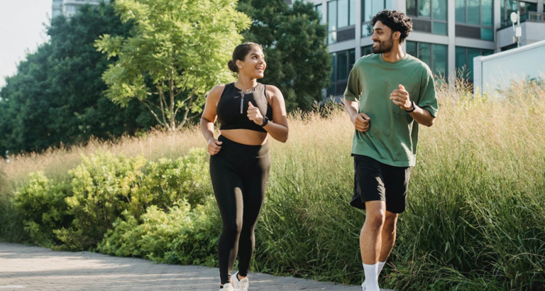 Couple running outside