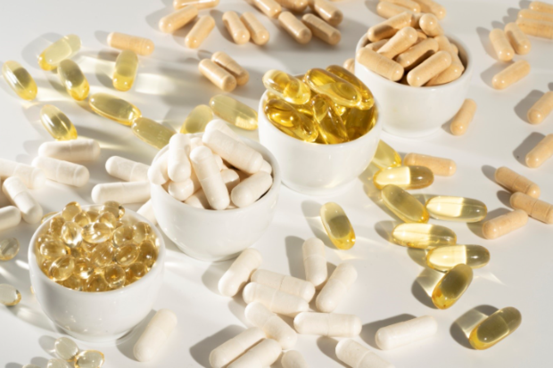 Various supplements separated on a surface counter.
